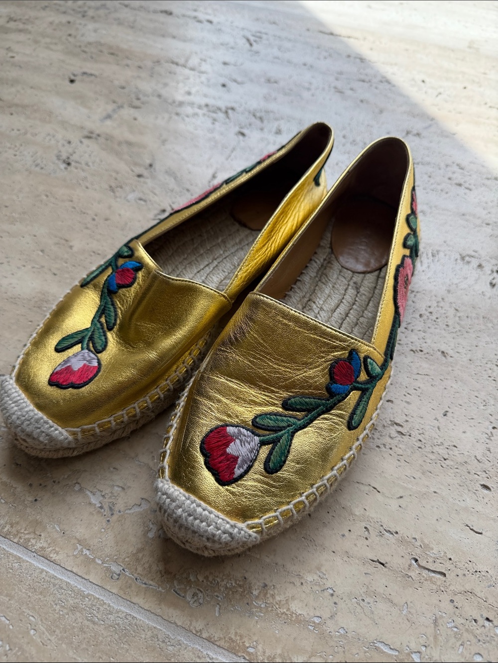 Gucci Gold Floral Embroidered Women's Espadrilles